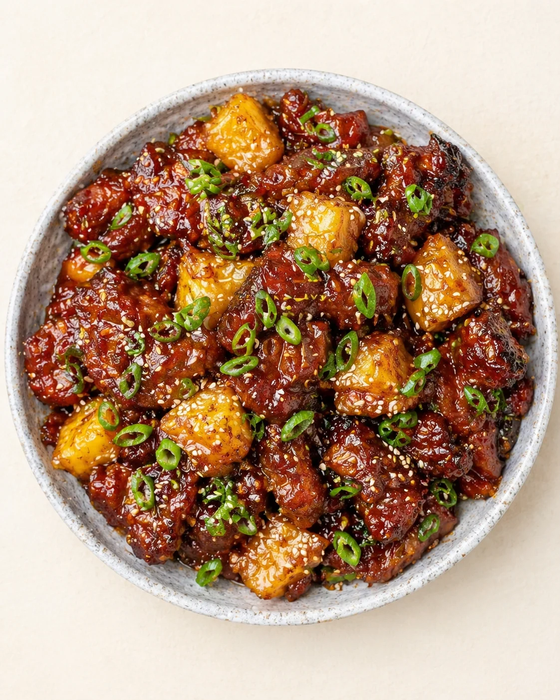 Straight-down overhead view of Savory Slow Cooker Teriyaki Pork with Pineapple Recipe Easy and Perfect for Weeknights