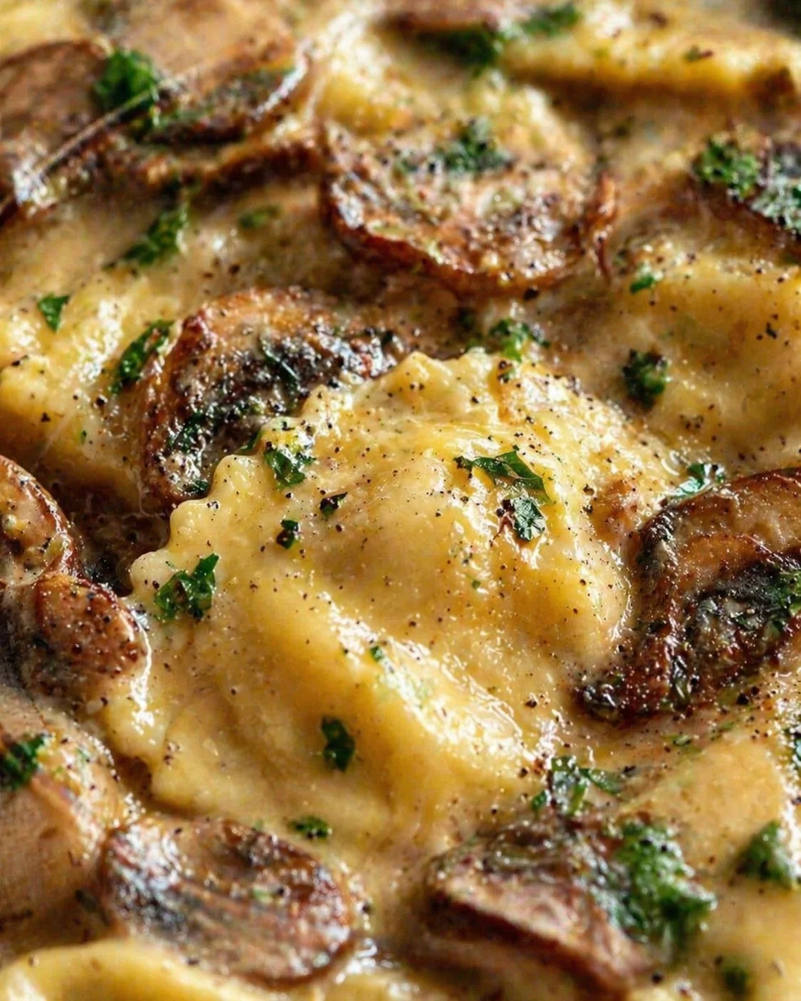 Tight detail shot of Savory Mushroom Ravioli Sauce: A Comforting Italian Delight highlighting texture