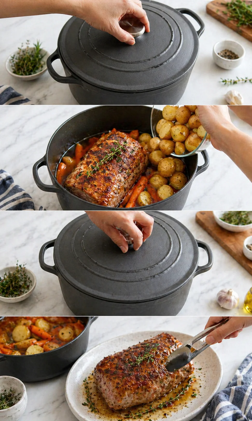 Potatoes being added to Dutch oven, gently stirred into braising liquid before covering.