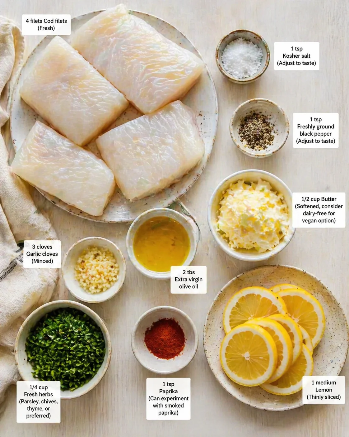 Measured ingredients arranged for Easy Baked Cod That Melts in Your Mouth Every Time: 4 filets Cod filets (Fresh), 1 tsp Kosher salt (Adjust to taste), 1 tsp Freshly ground black pepper (Adjust to taste), 1/2 cup Butter 
