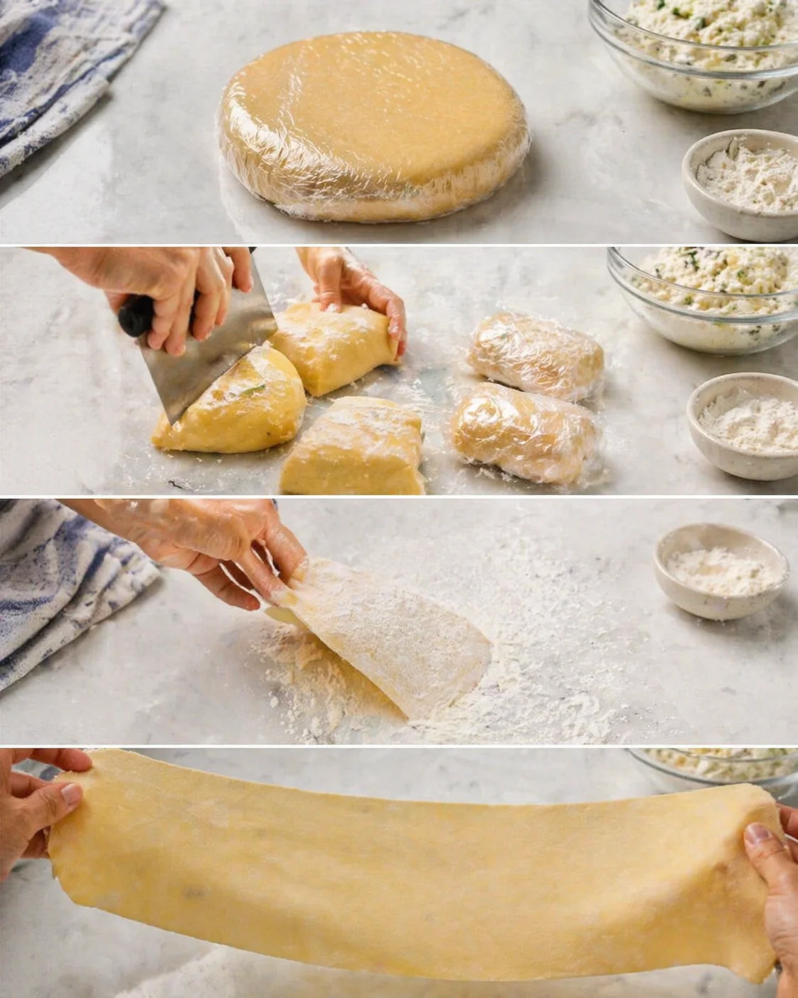 Collage of dough ball, cutting into pieces, and rolling out a flour-dusted counter.