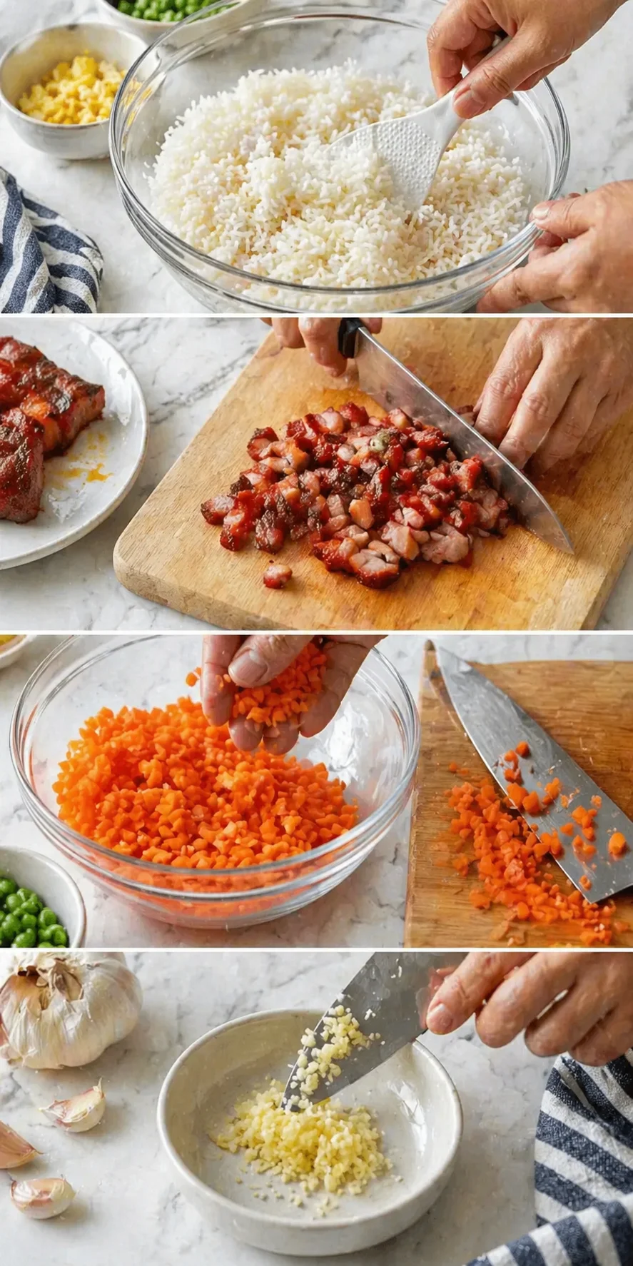 Bowls and cutting board with fluffed rice, finely diced char siu, small diced carrot, minced garlic.