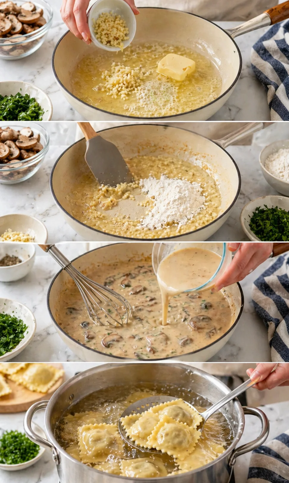 Butter melting in skillet with garlic, flour incorporated, and sauce being whisked slowly to thicken.