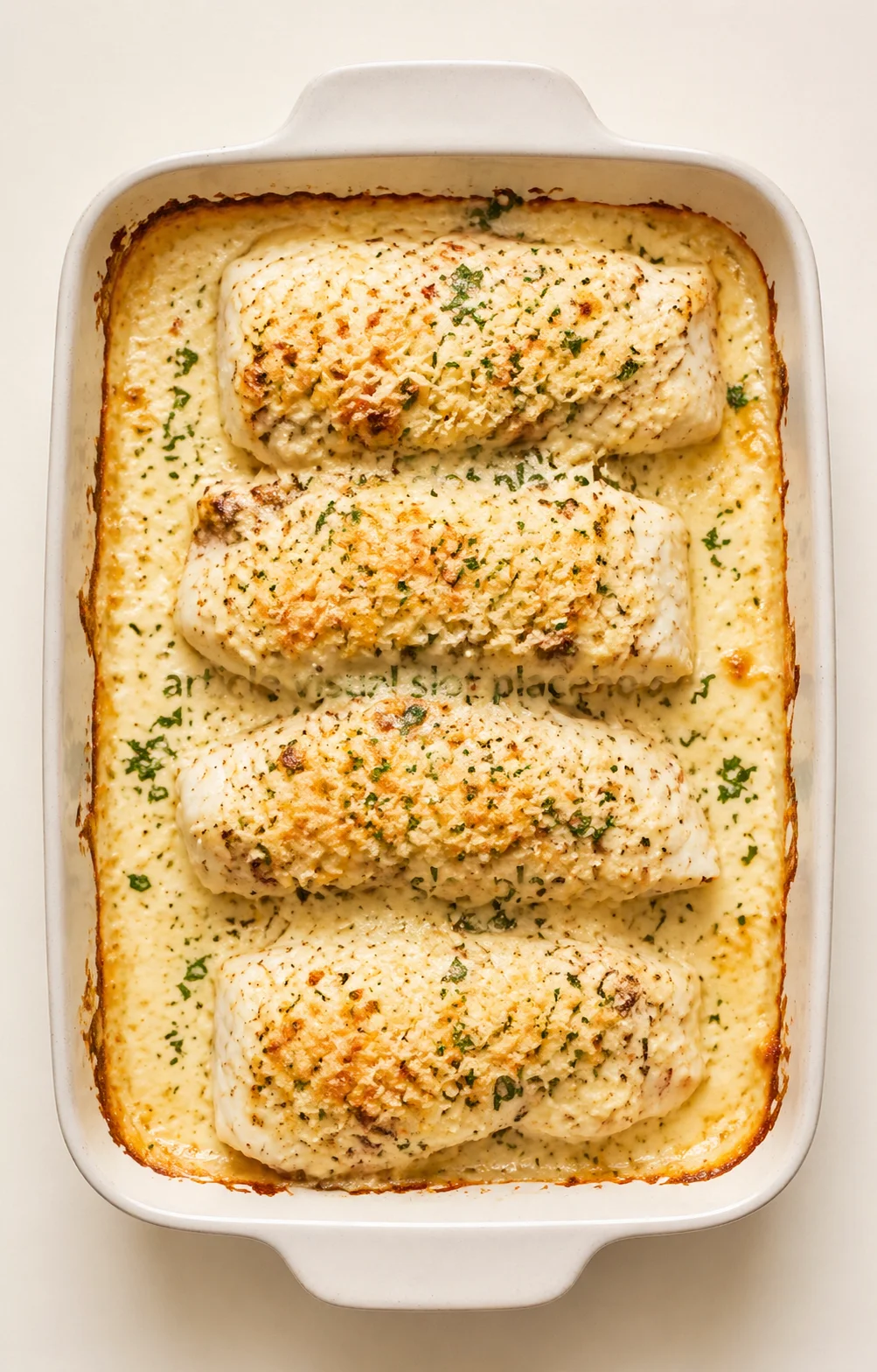 Straight-down overhead view of Flavorful Baked Cod with Mayo and Parmesan