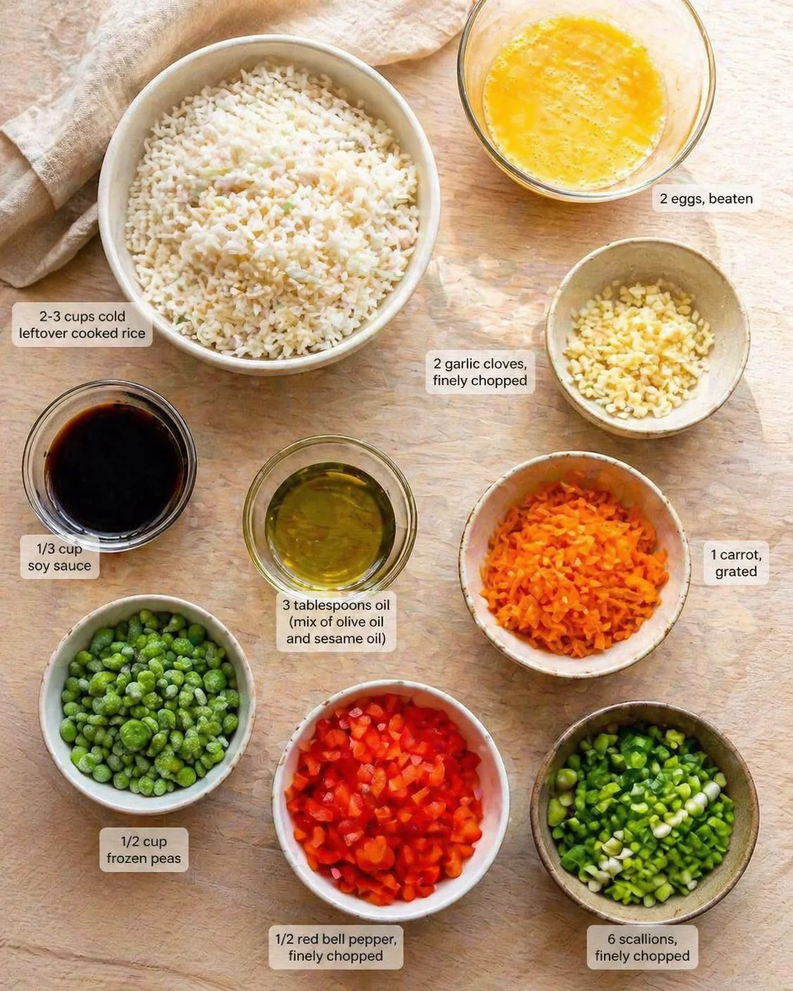 Measured ingredients arranged for Perfect Fried Rice Recipe for Busy Weeknights: 2-3 cups cold leftover cooked rice, 3 tablespoons oil (a mix of extra virgin olive oil and sesame oil), 2 eggs, beaten, 2 garlic cloves, fi
