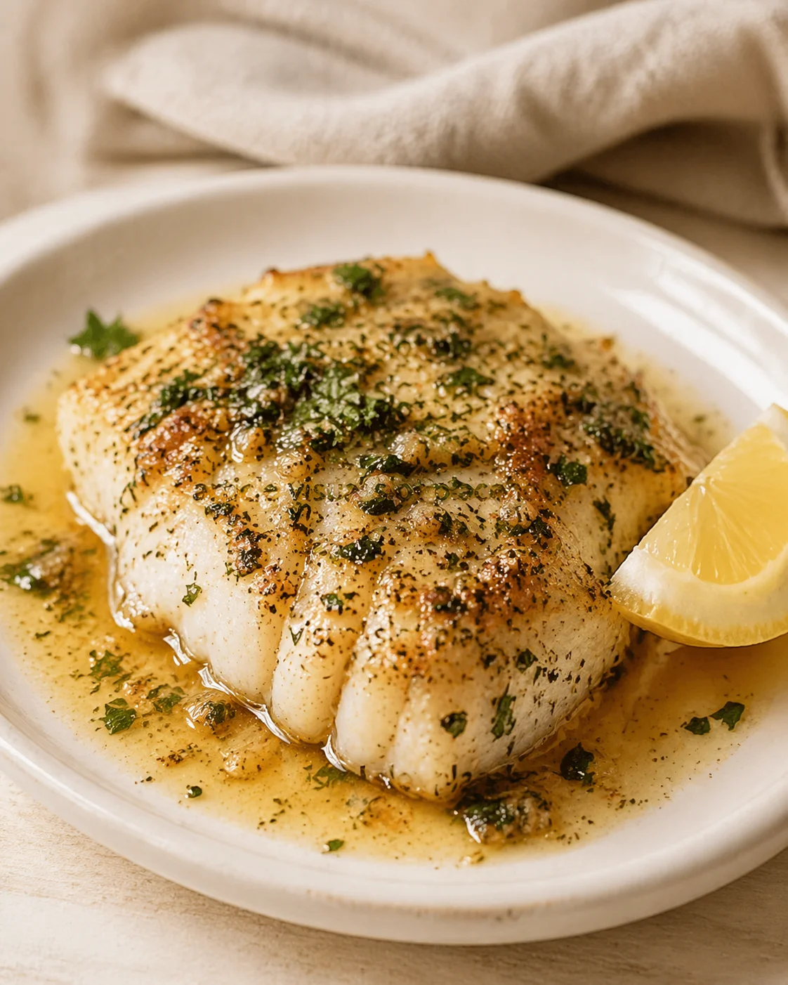 Single plated variation of Easy Garlic Butter Baked Cod Fillets: Restaurant-Quality Seafood at Home shown in a natural kitchen scene