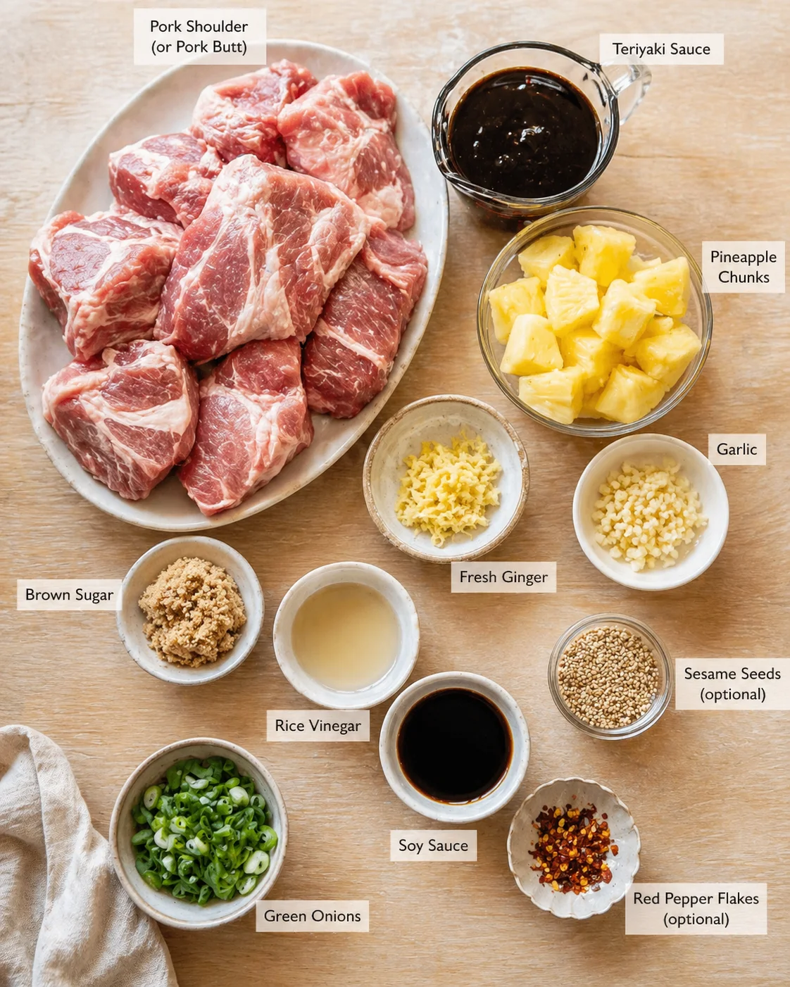 Measured ingredients arranged for Savory Slow Cooker Teriyaki Pork with Pineapple Recipe Easy and Perfect for Weeknights: Pork Shoulder (or Pork Butt), roughly 3 to 4 pounds (1.3 to 1.8 kg) – well-marbled cuts are best f