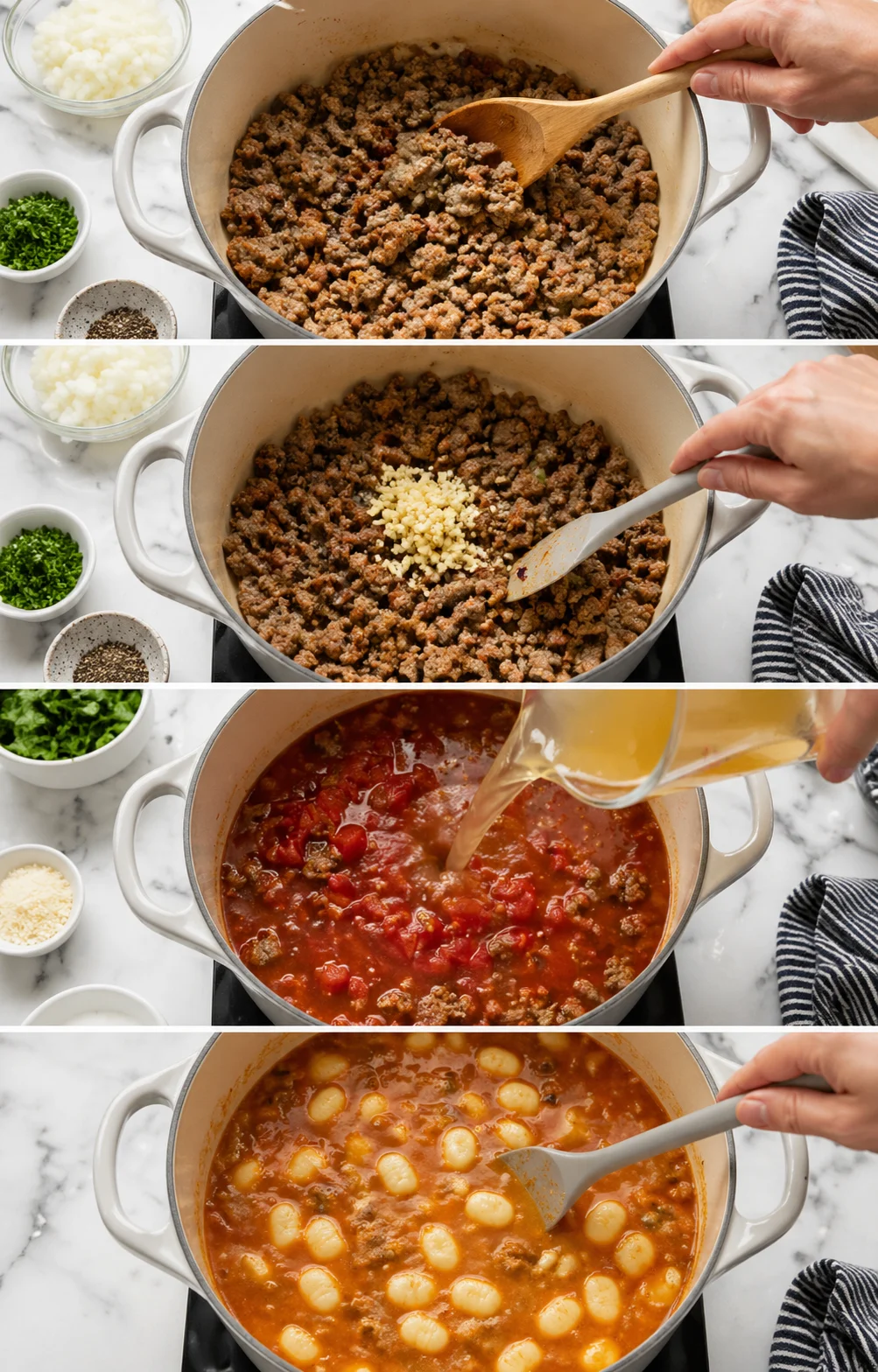 step-process-placeholder-1-4.png Large pot with browned crumbled Italian sausage, diced tomatoes, broth, and floating gnocchi.