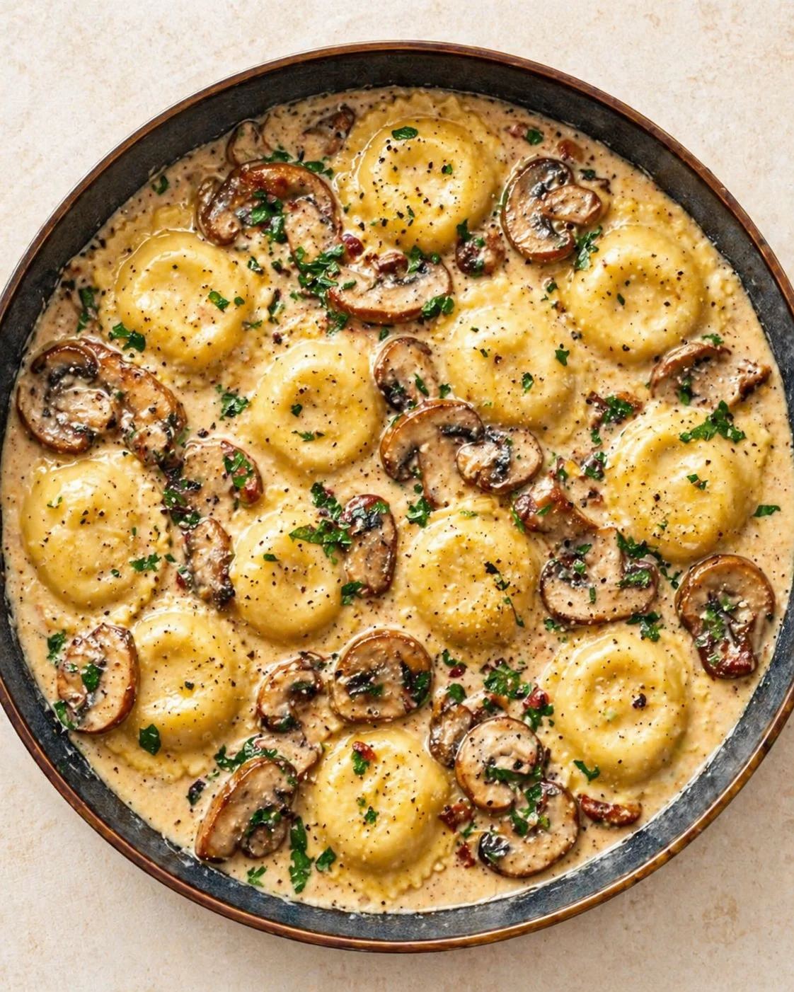 Straight-down overhead view of Savory Mushroom Ravioli Sauce: A Comforting Italian Delight