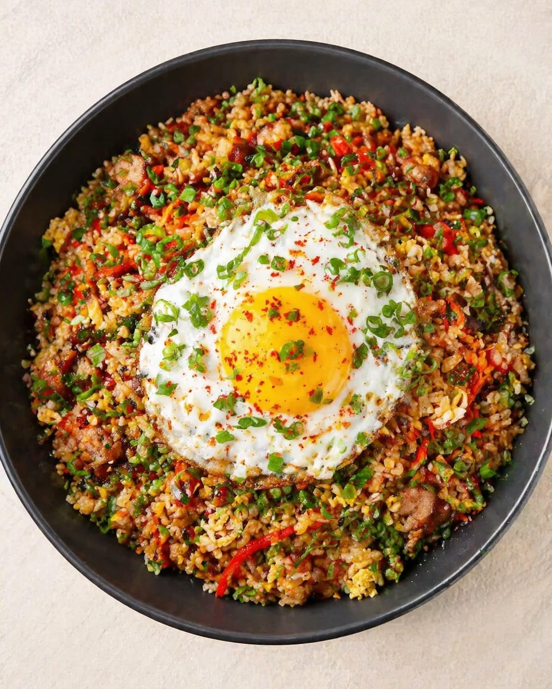 Straight-down overhead view of Transform Day-old Rice Into Delicious Pork Fried Rice Tonight!