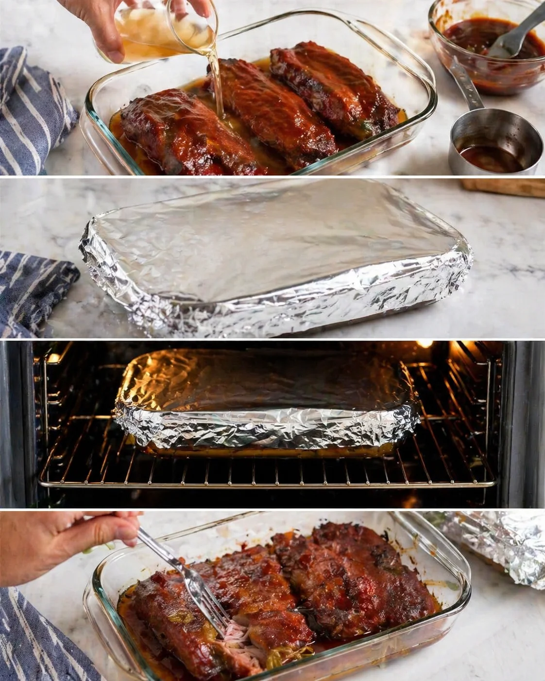 Foil-sealed baking dish sitting on the oven's middle rack ready for slow roasting.