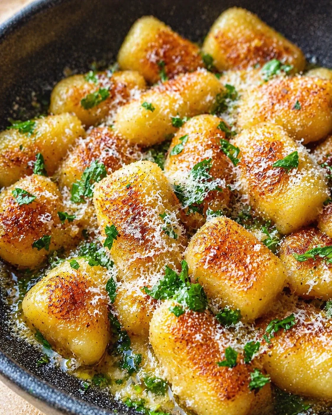 Final plated Garlic Butter Parmesan Fried Gnocchi – A Crispy Comfort Delight served as a hero shot