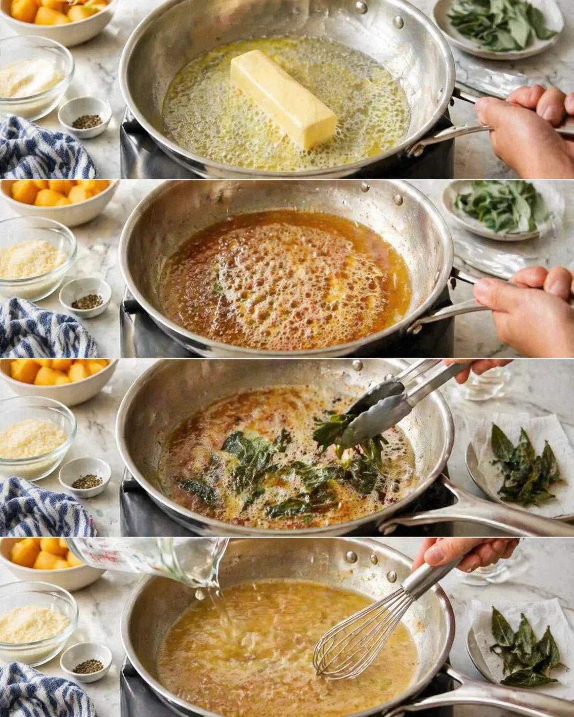 Skillet with bubbling browned butter, crisp sage leaves set aside, whisk blending reserved pasta water.