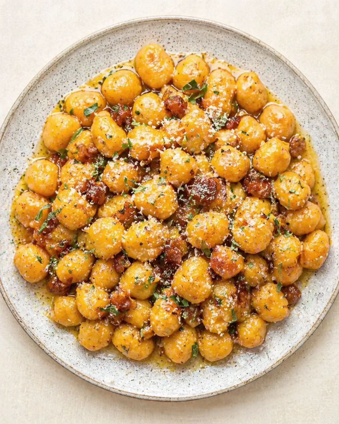 Straight-down overhead view of Irresistible Pumpkin Gnocchi with Brown Butter Sauce