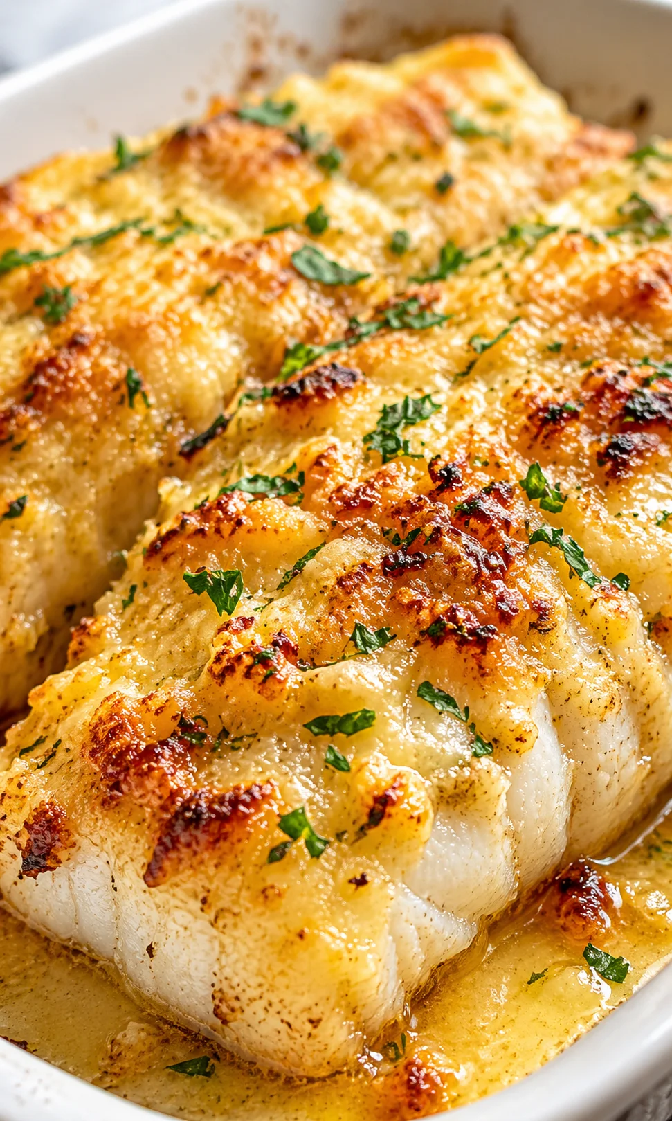 Final plated Flavorful Baked Cod with Mayo and Parmesan served as a hero shot