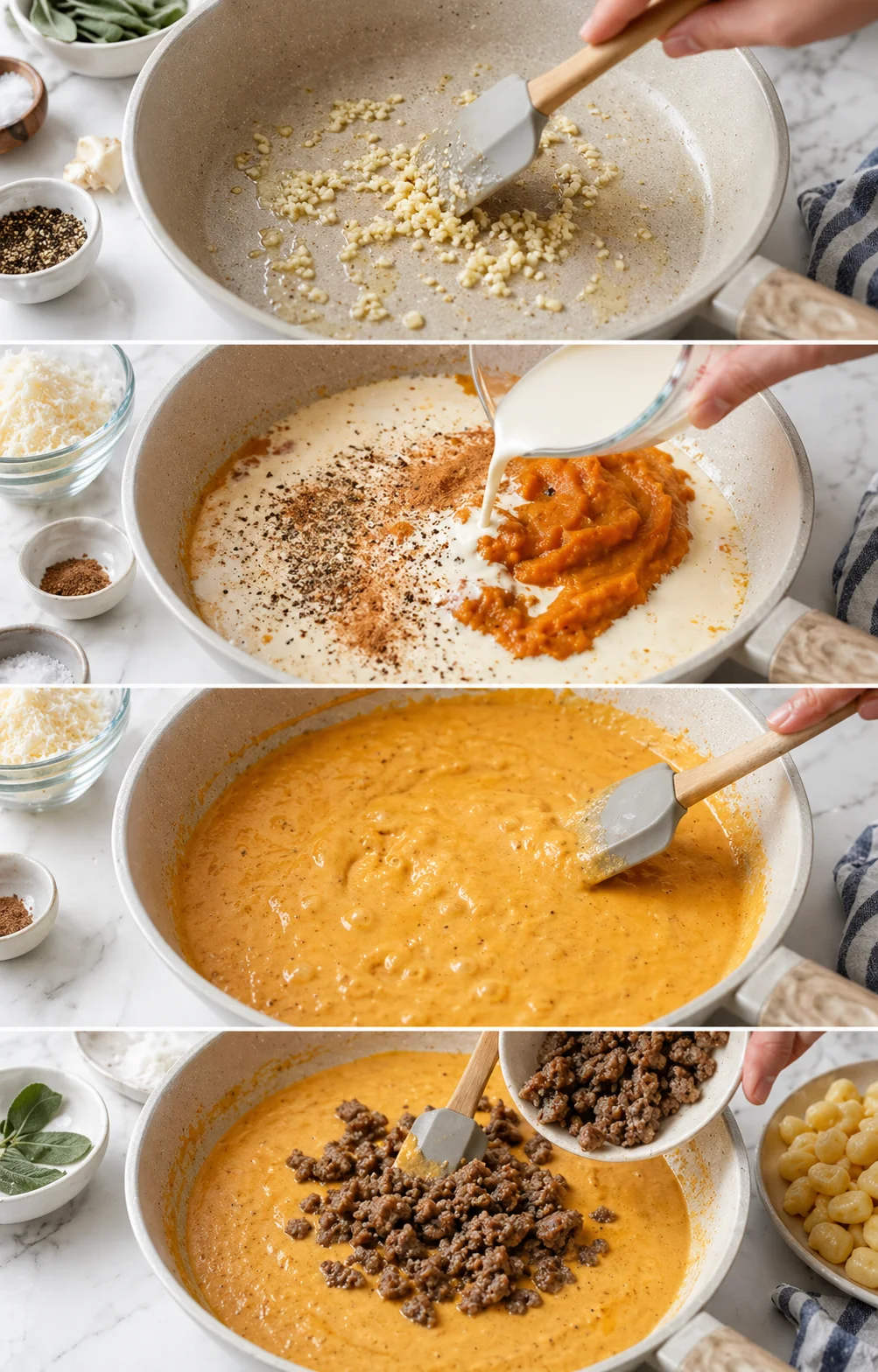 Garlic sizzling in butter, creamy pumpkin and cream being stirred, browned sausage added optionally.