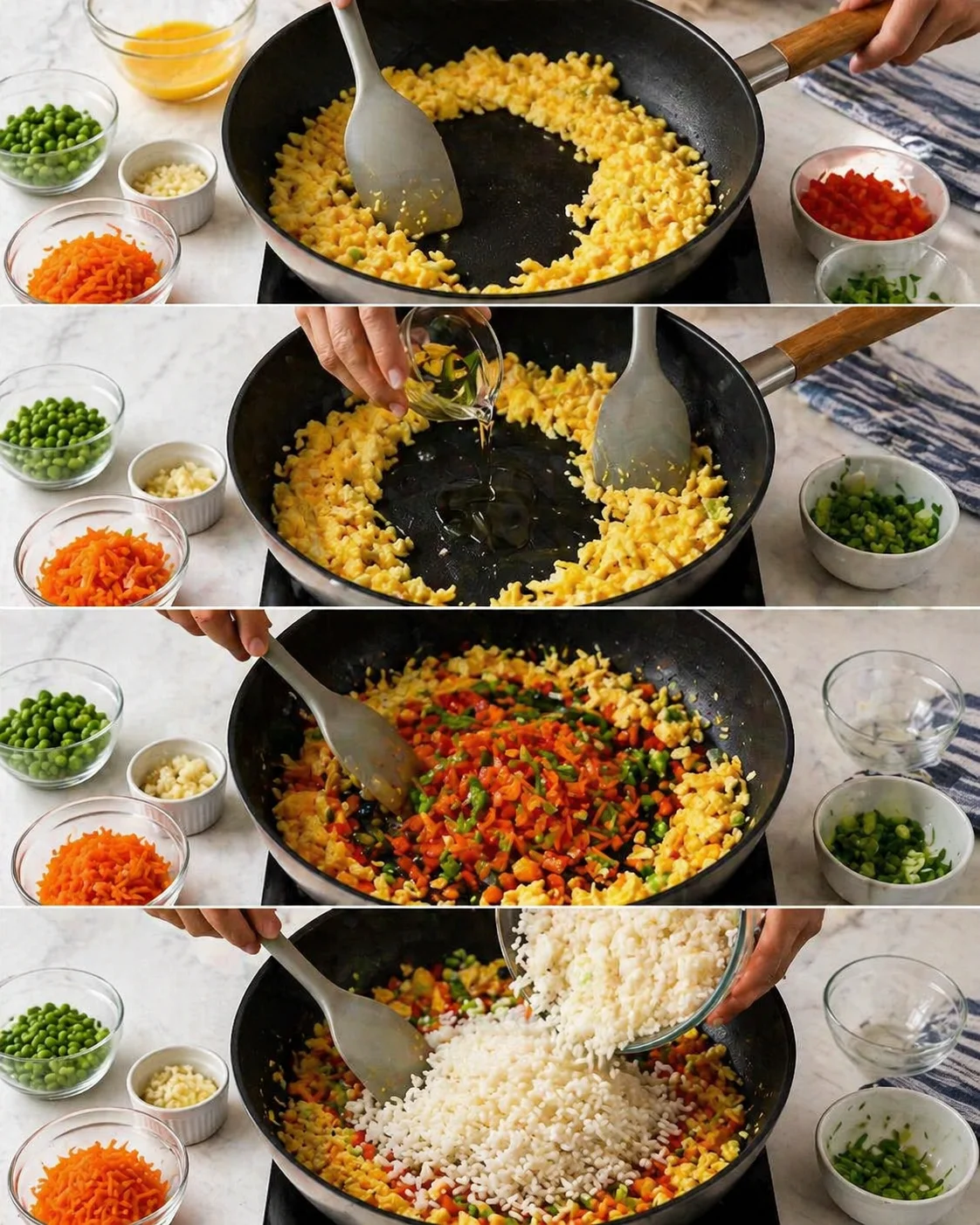 Eggs pushed to pan edges while vegetables sizzle, remaining oil added, chilled rice mixed in.