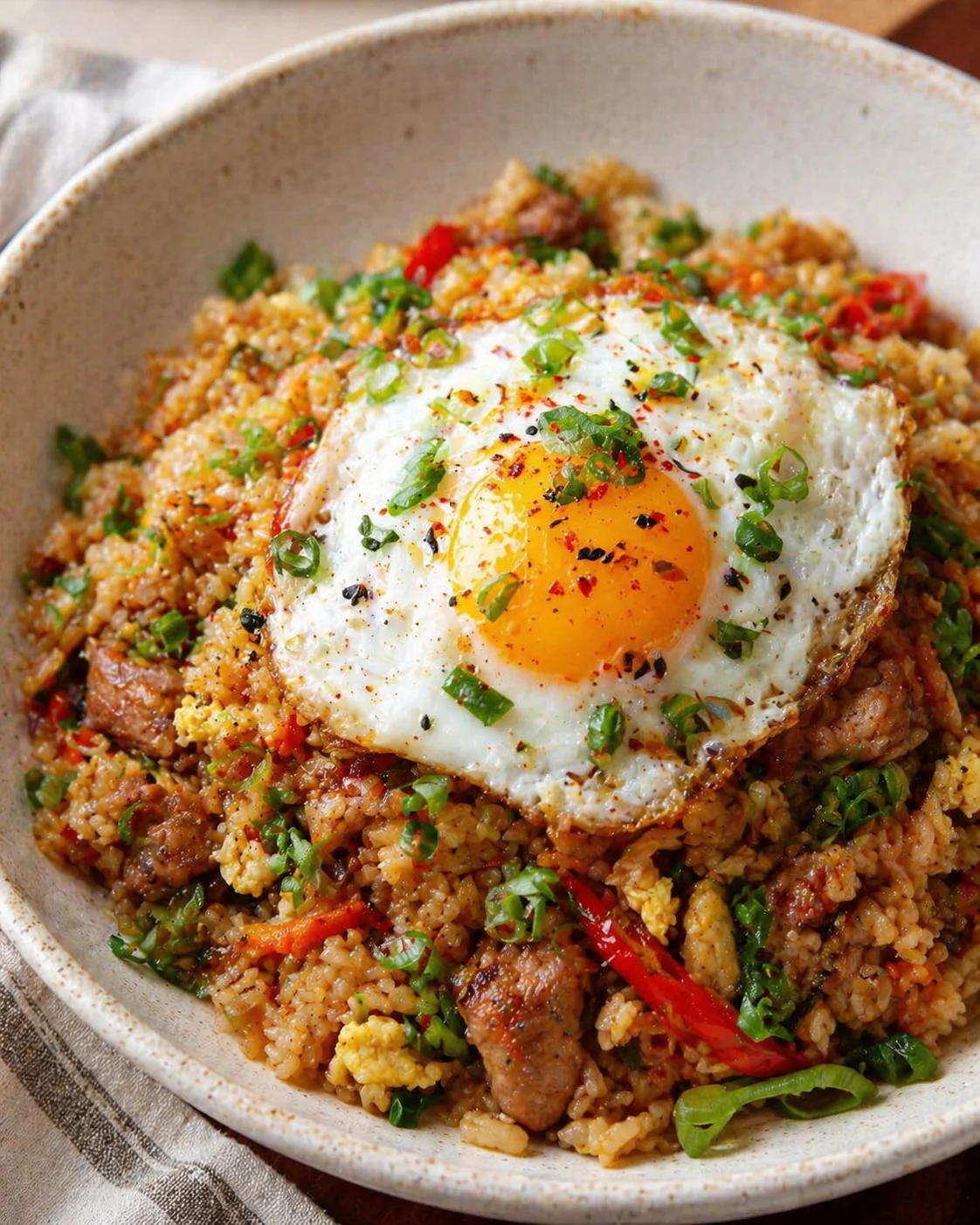 Single plated variation of Transform Day-old Rice Into Delicious Pork Fried Rice Tonight! shown in a natural kitchen scene