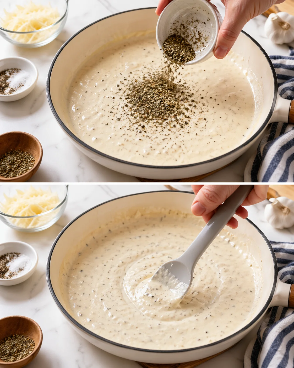 Creamy sauce simmering in saucepan with green Italian seasoning flecks, spoon stirring
