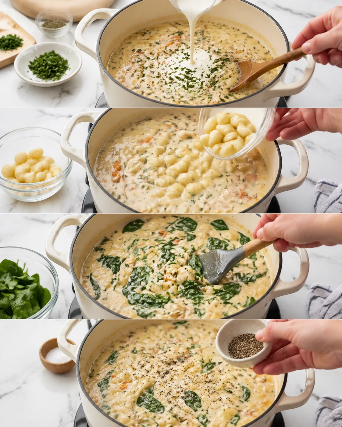 Creamy soup in pot with floating gnocchi, wilted spinach and herbs being stirred.