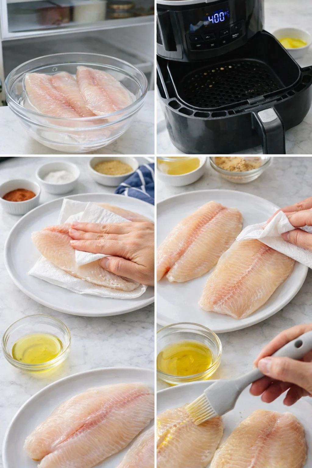 collage of raw fish fillets being prepared for cooking with air fryer nearby