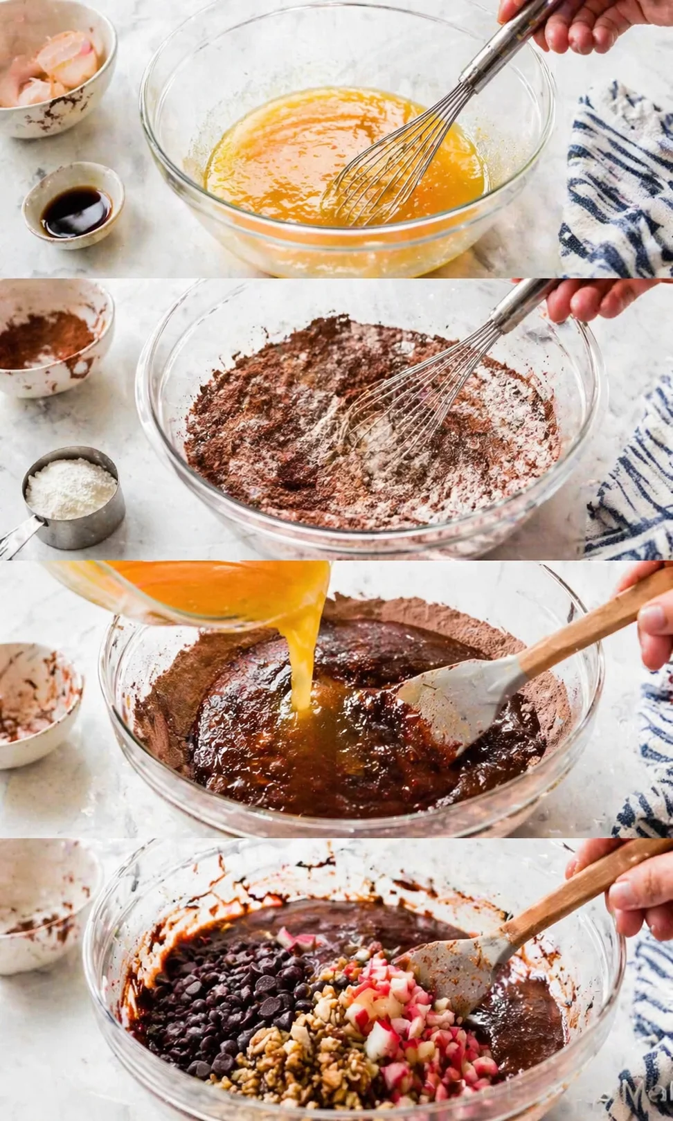 Four-panel collage showing brownie batter prep steps with whisk, dry mix, add-ins