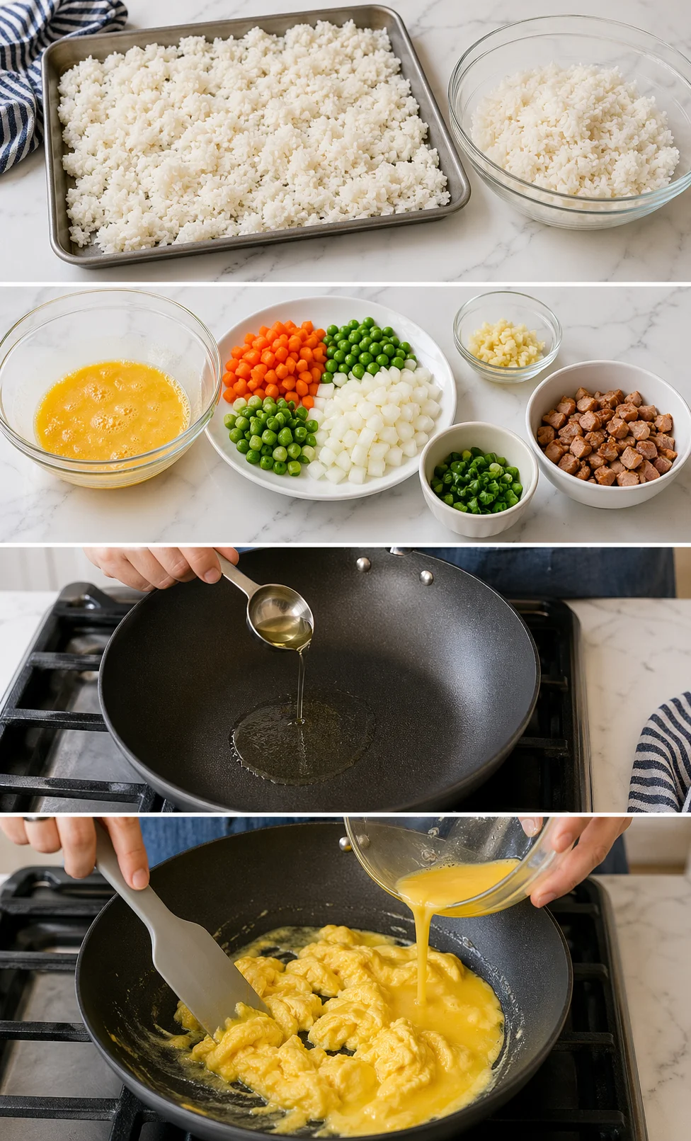 collage showing fried rice prep: rice, diced vegetables, eggs, and cooking action on a marble counter