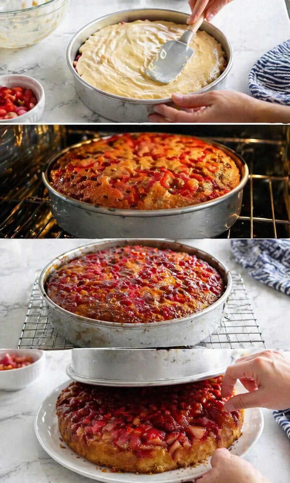 A four-panel collage showing batter spread over red fruit in a round pan, baking, cooling, and plating.