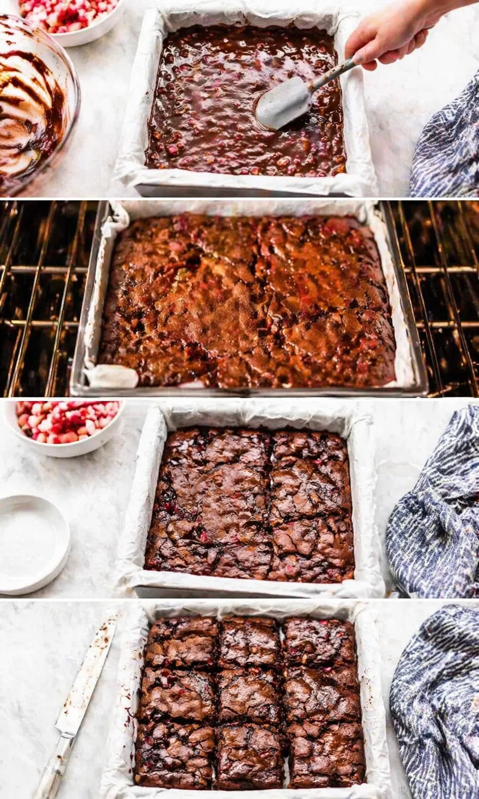 collage of brownie-batter being prepared and baked in parchment-lined pan with berry chunks