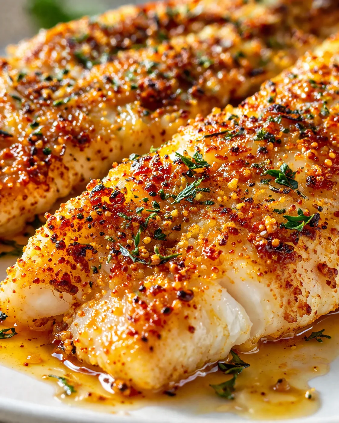 close-up of two garlic-butter crusted fish fillets with red pepper flakes and parsley on a glossy sauce.