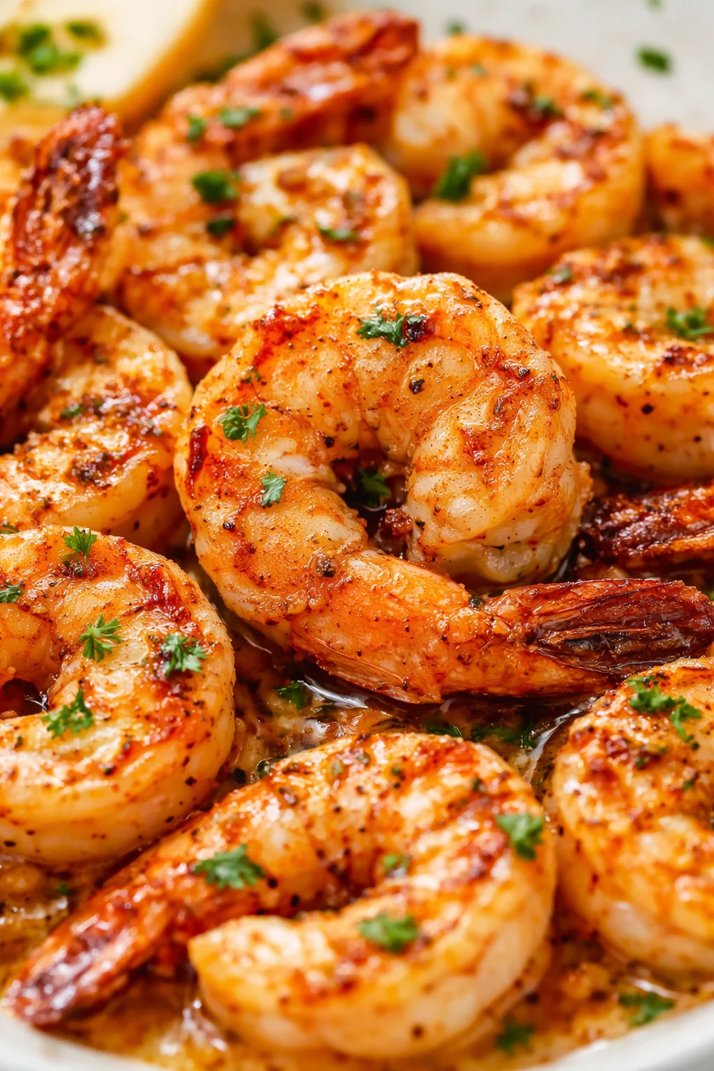 Close-up of sautéed shrimp in garlic butter sauce, garnished with parsley.