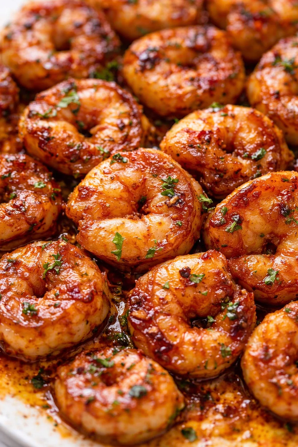 Close-up of plump shrimp in a glossy orange glaze, sprinkled with parsley.