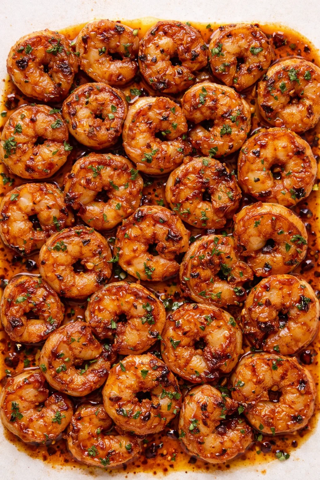 Top-down view of shrimp in glossy orange-brown garlic butter glaze, garnished with parsley.
