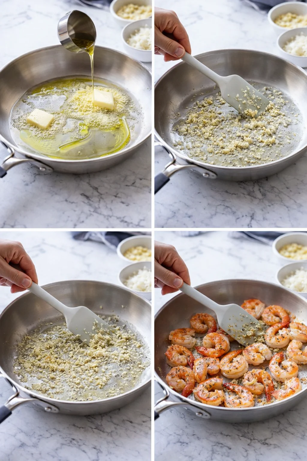 Collage of a stainless skillet with melting butter and oil, garlic sautéing, and shrimp cooking in a bright marble kitchen.