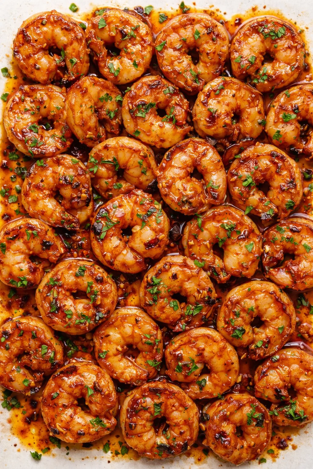 shiny glazed shrimp in garlic-butter sauce, sprinkled with chopped parsley garnish