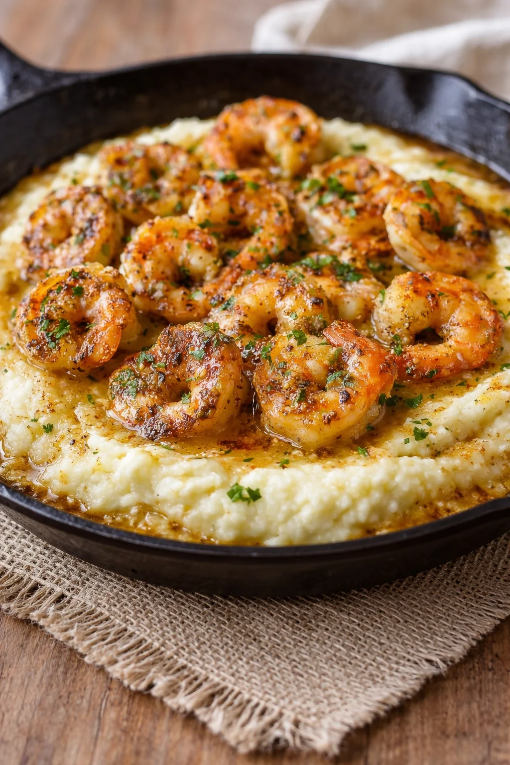 cast-iron skillet with garlic-butter shrimp on creamy grits, garnished with parsley