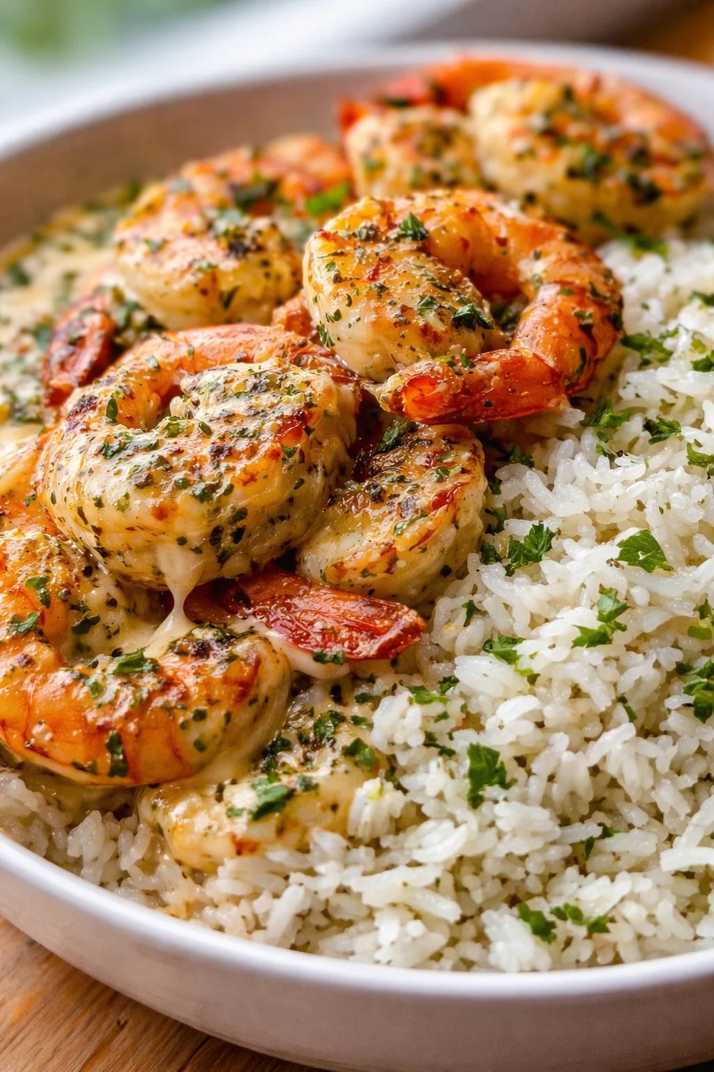 Plump shrimp bathed in garlic-herb butter, arranged over fluffy white rice.