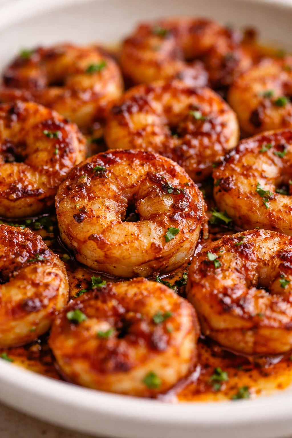 Close-up of garlic-butter glazed shrimp in a skillet, sprinkled with parsley.