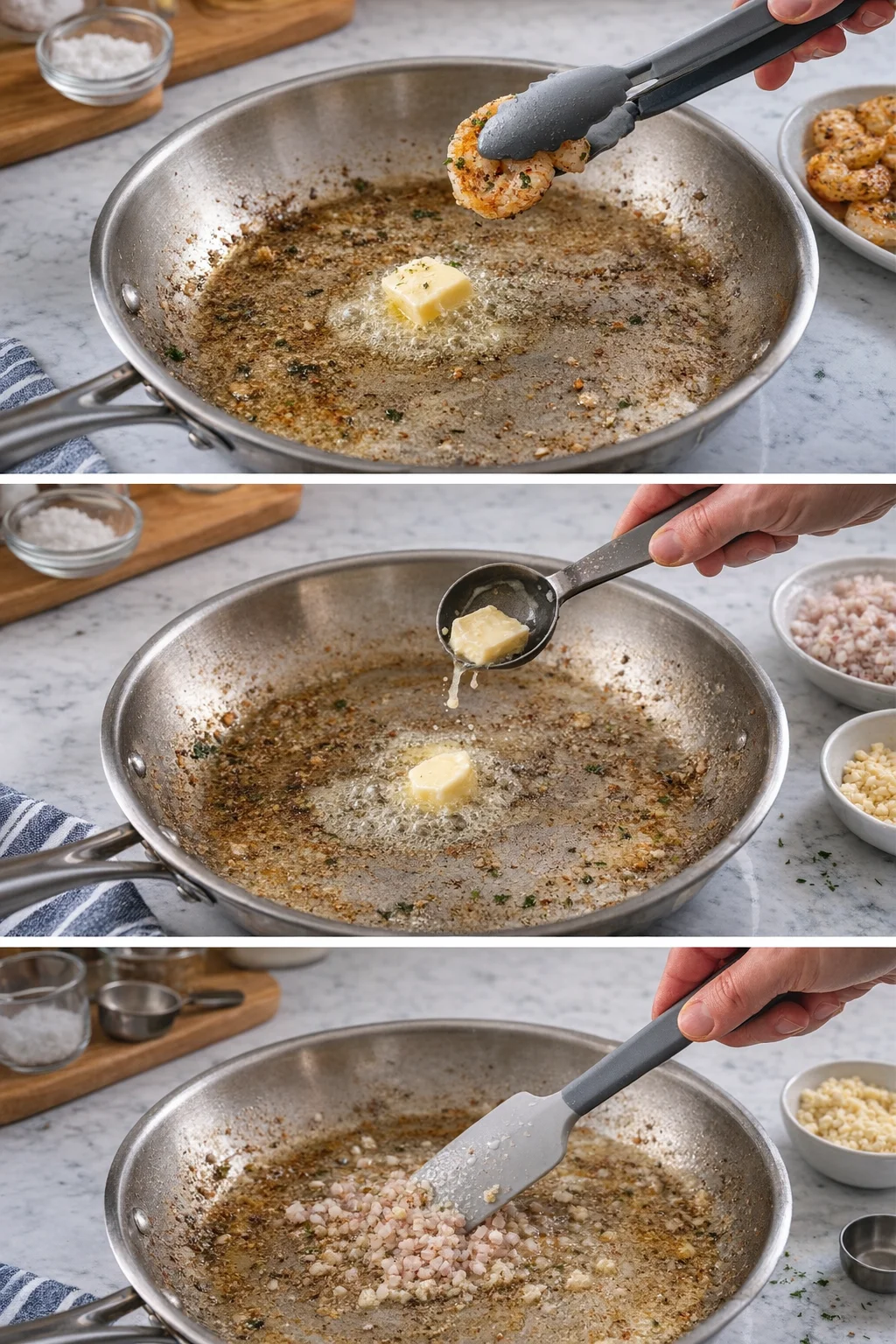 three-panel sequence of shrimp cooking in a butter-garlic pan with nearby prep ingredients.