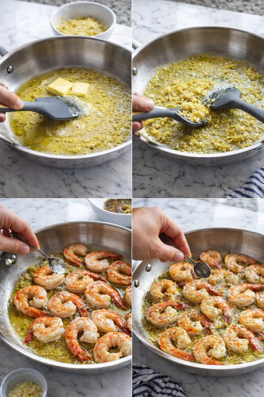 four-panel collage showing shrimp cooking in garlic-butter sauce in a skillet