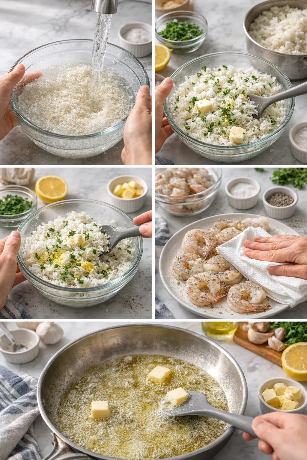 Six-panel collage showing rinsed rice, herb butter rice, shrimp prep, and melting butter.