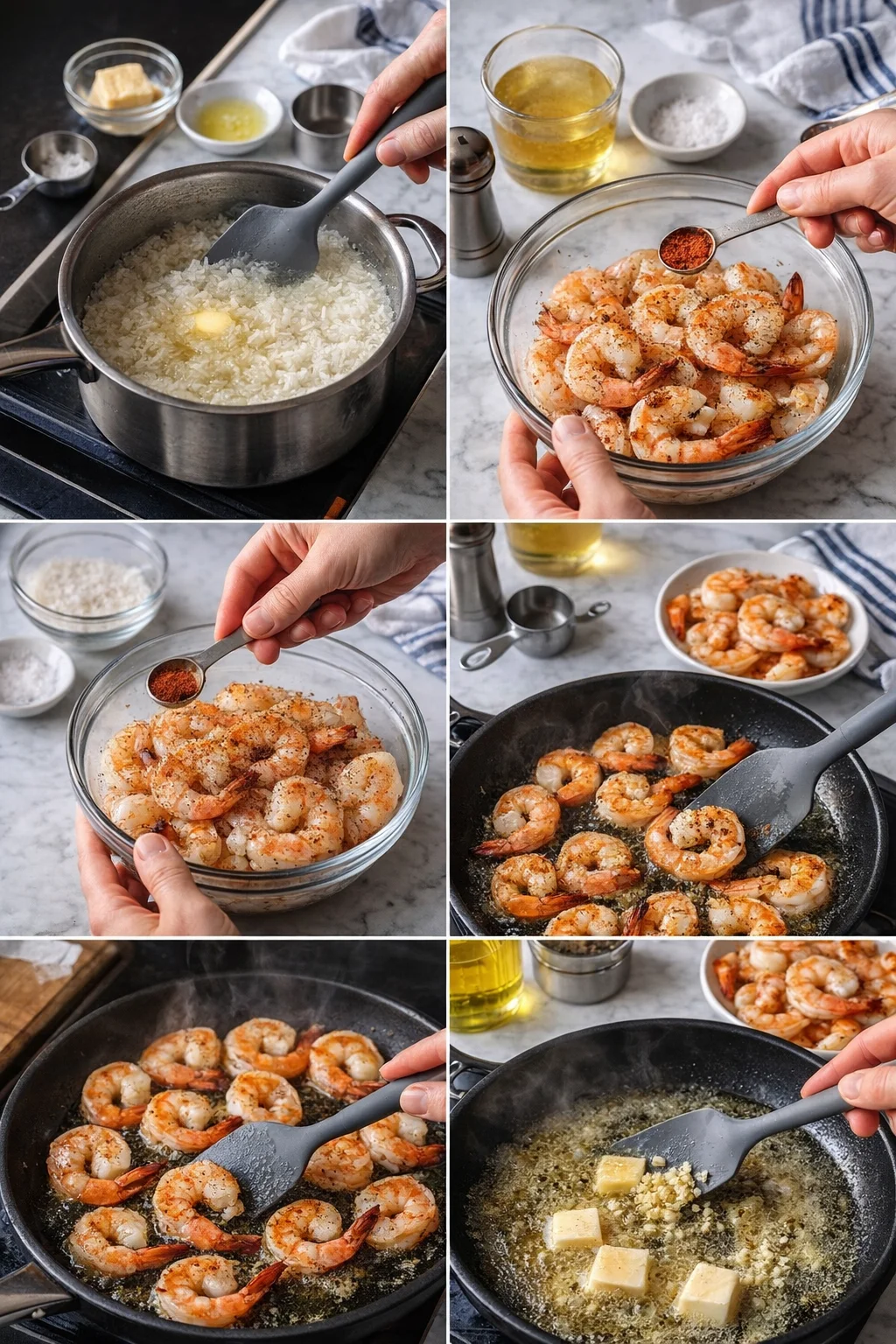 collage of step-by-step cooking: simmering rice, preparing shrimp, and garlic butter sauce