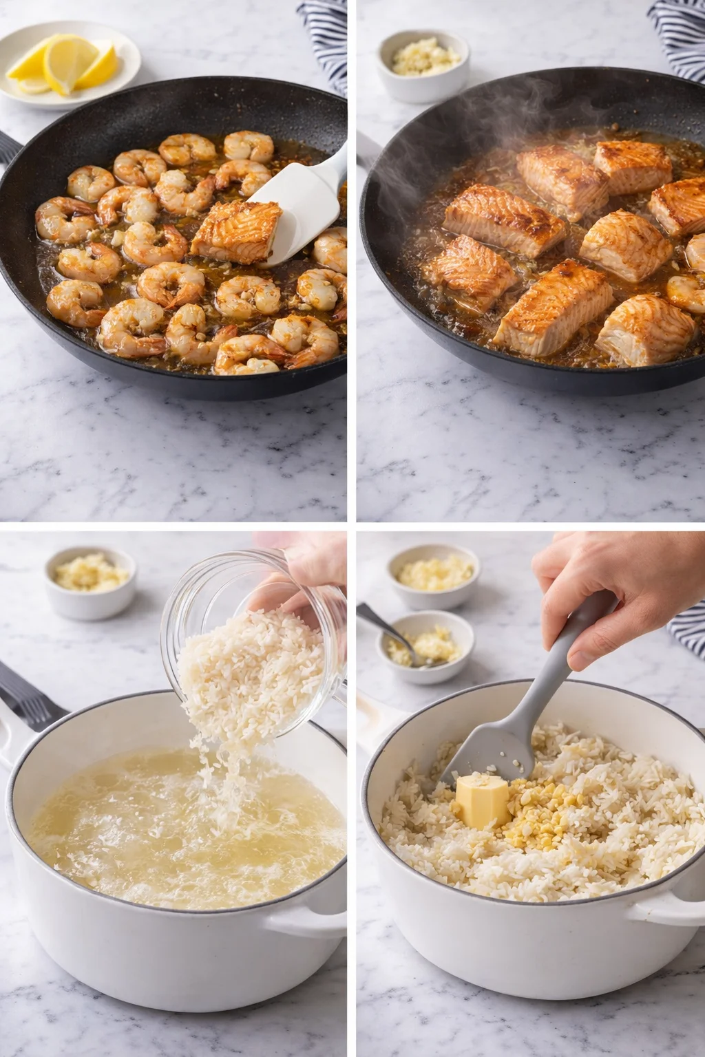 collage showing shrimp and salmon cooking in skillets, plus rice being prepared.