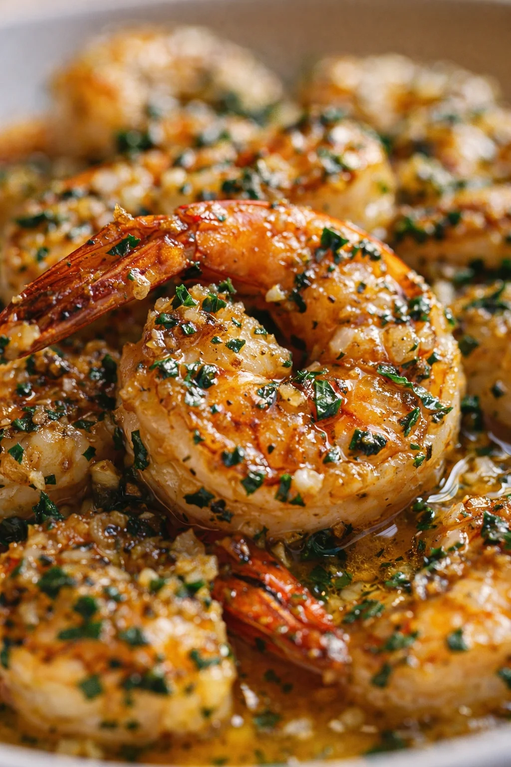 close-up of golden garlic-butter shrimp in a pan, garnished with chopped parsley