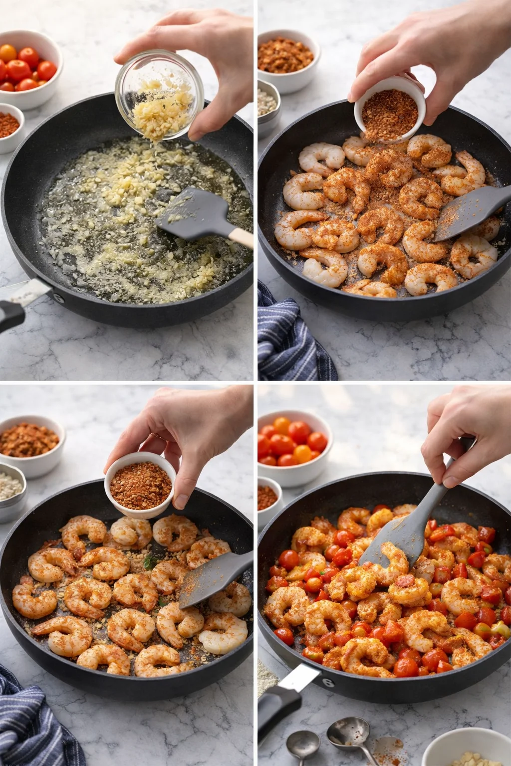 four-panel collage of garlic butter shrimp being sautéed with spices and tomatoes