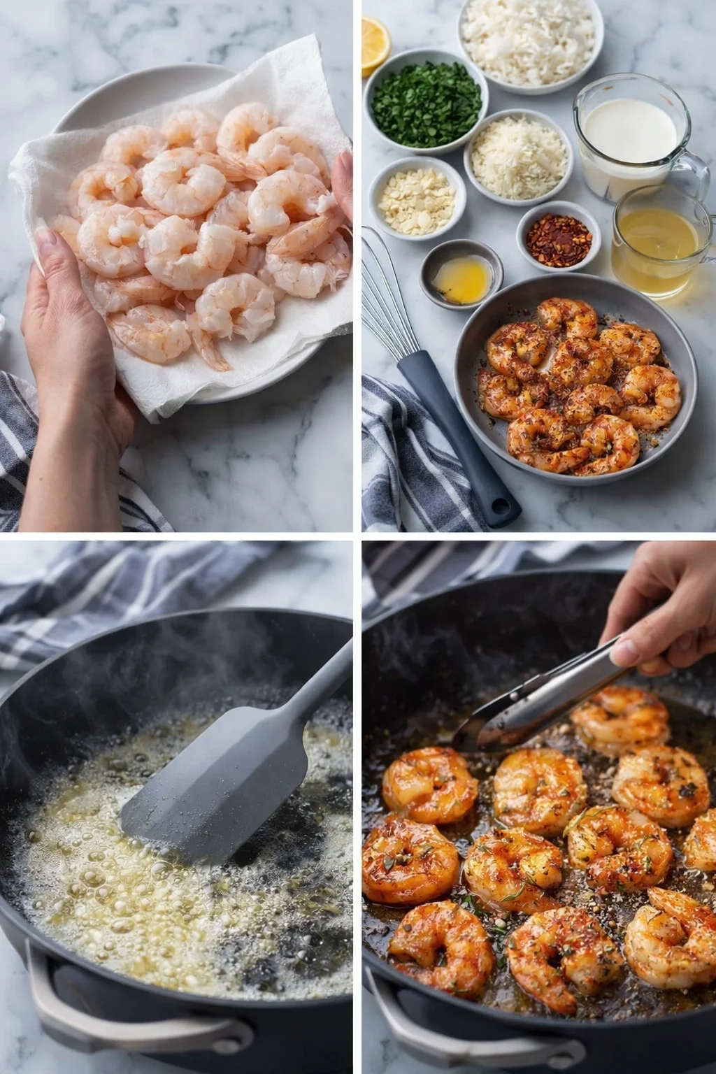 Four-panel collage: raw shrimp on towel, mise en place with herbs and spices, sizzling butter, and pan-seared shrimp.