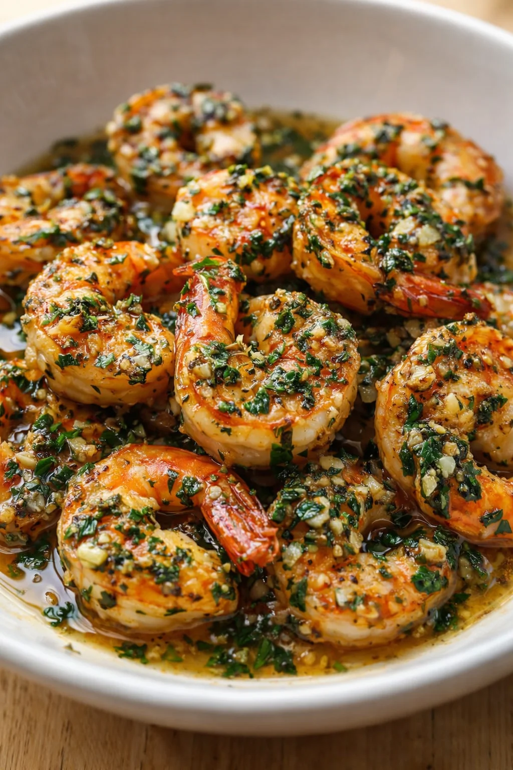 Close-up of shrimp in garlic-herb butter with chopped parsley