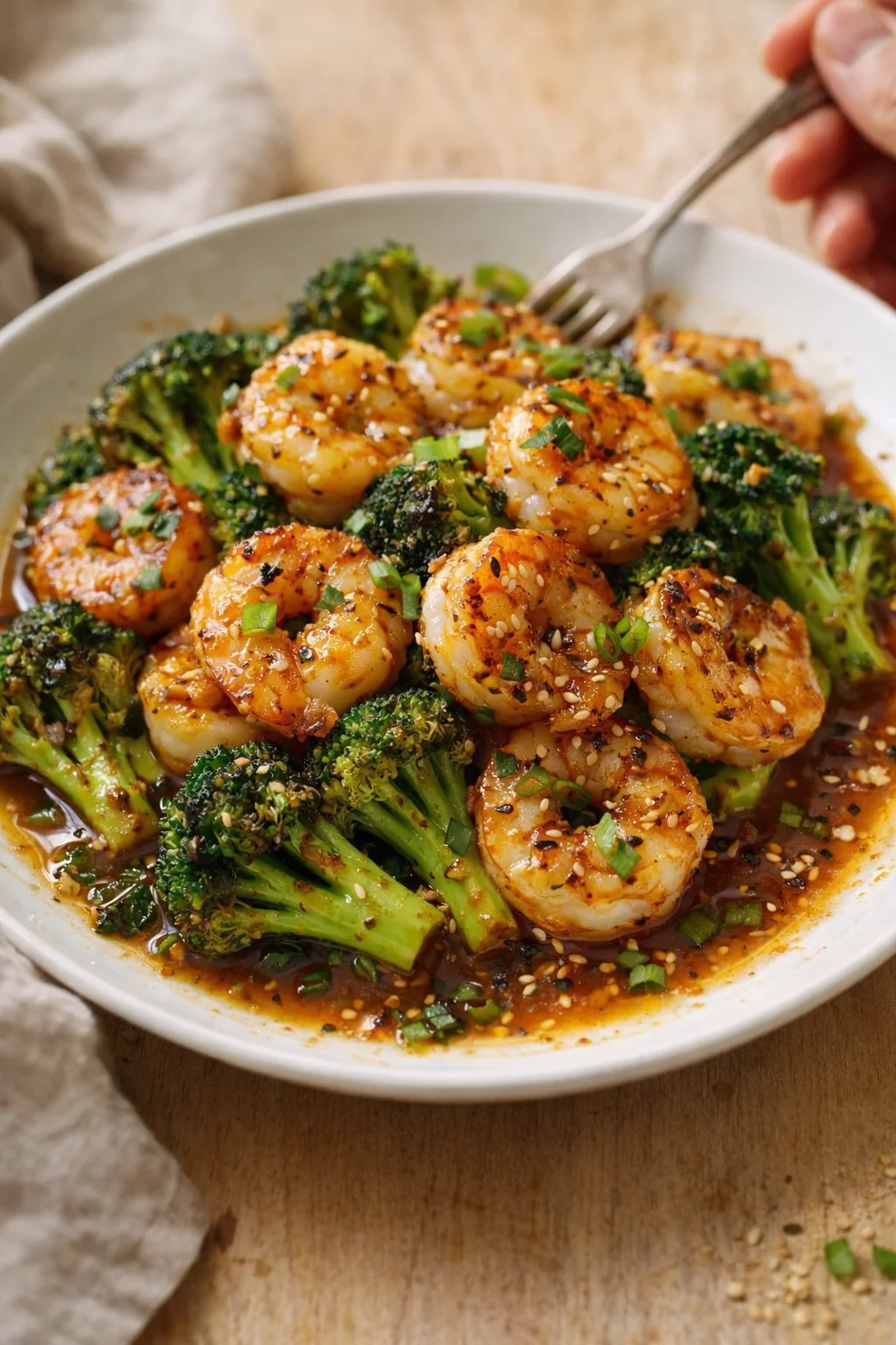 Shrimp and broccoli in a glossy garlic glaze with sesame seeds in a white bowl.