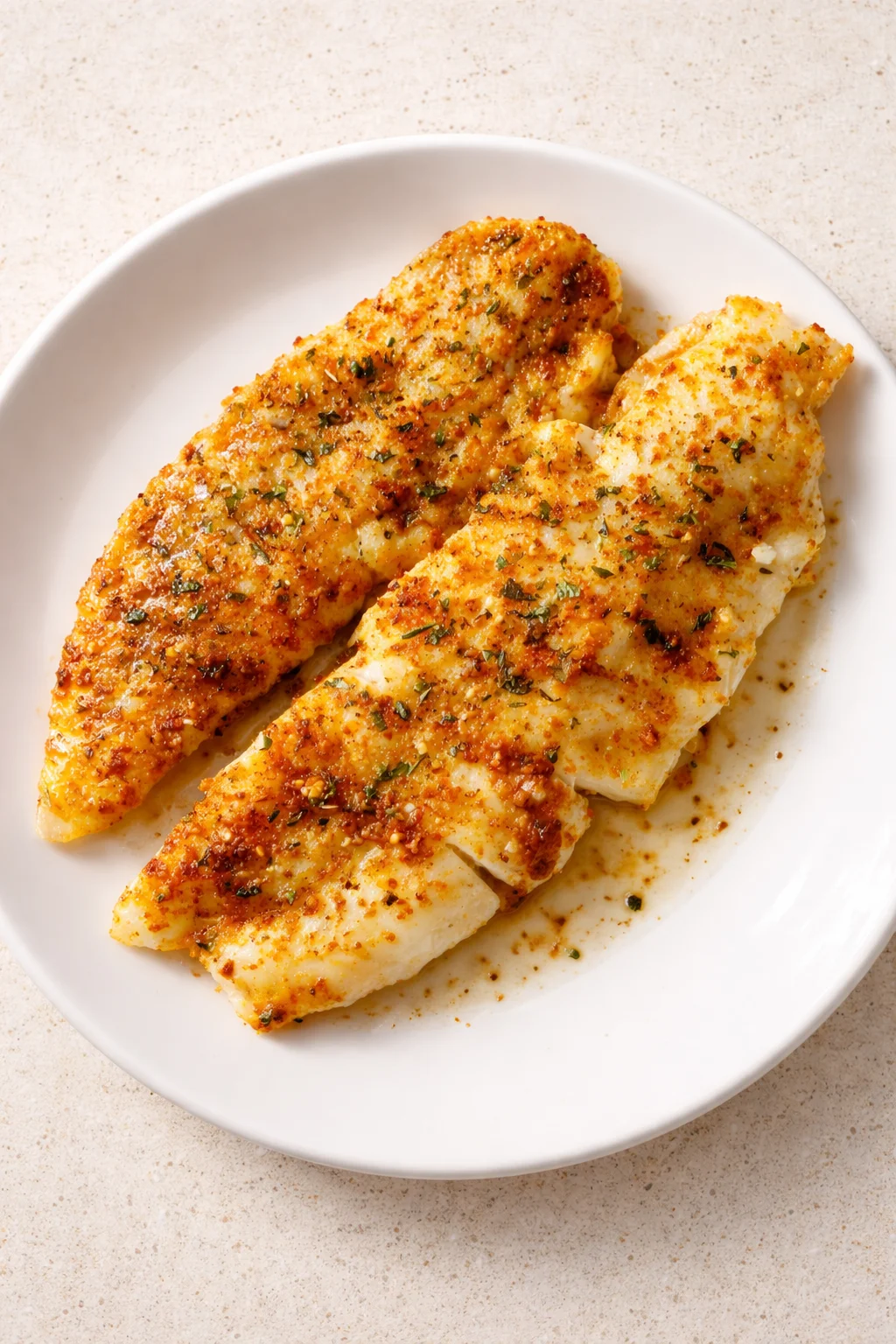 Two golden-brown herb-crusted fish fillets on a white plate with light butter sauce