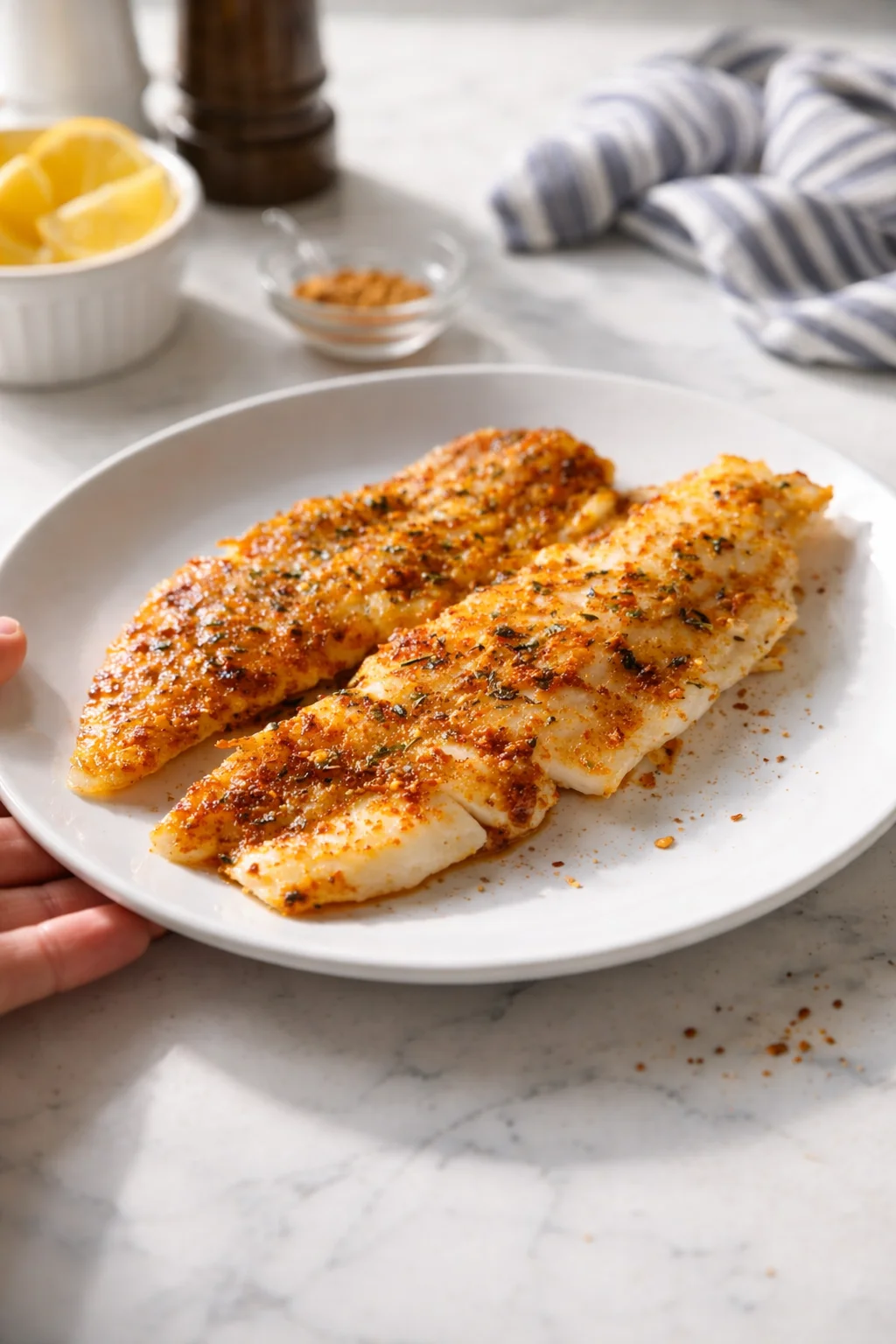 golden-brown garlic-herb crusted fish fillets on a white plate with lemon wedges in the background